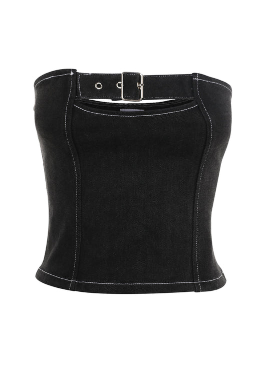 Pamme | Ebony Straplez Denim Korse Bluz Siyah