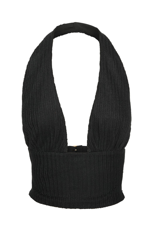 Pamme | Haven Derin V Halter Çift Bağcıklı Sırt Triko Crop Bluz Siyah