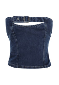Pamme | Ebony Straplez Denim Korse Bluz Mavi