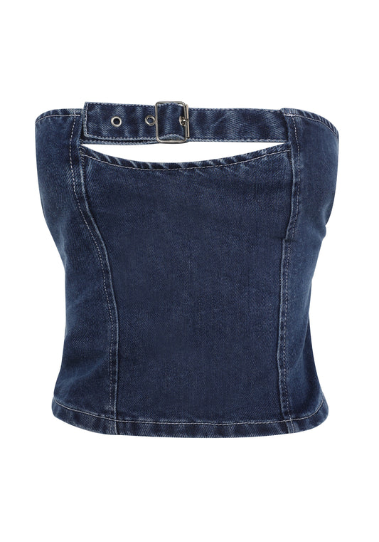 Pamme | Ebony Straplez Denim Korse Bluz Mavi