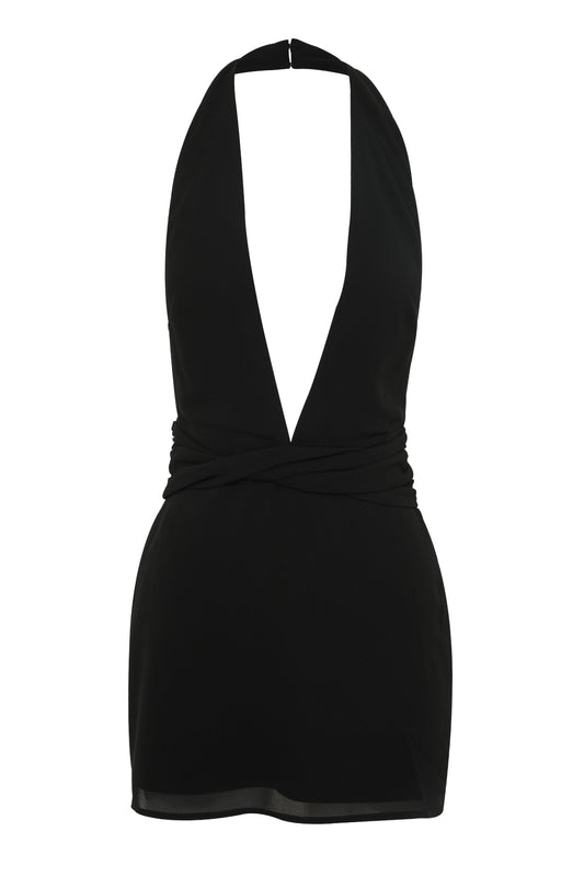 Pamme | Arietta Halter Yaka Burgu Belli Şifon Mini Elbise Siyah