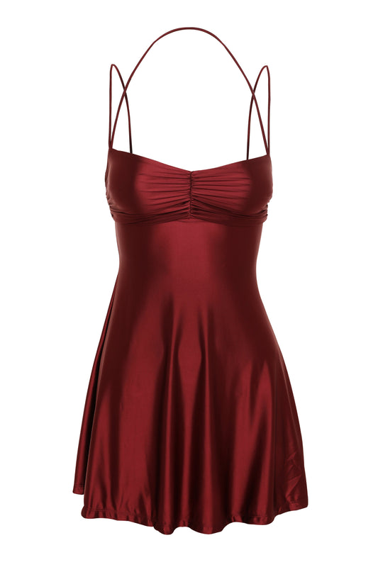 Pamme | Georgette Halter Çift Askılı Büzgülü Mini Elbise Kırmızı