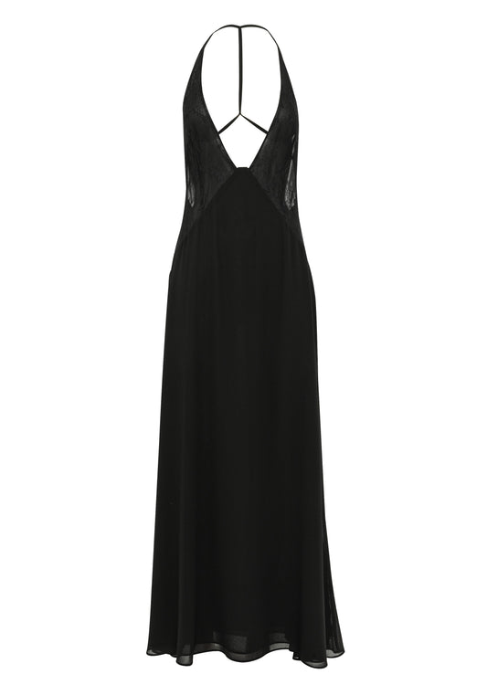 Pamme | Belladonna Halter Yaka Dantel Panelli Maxi Elbise Siyah
