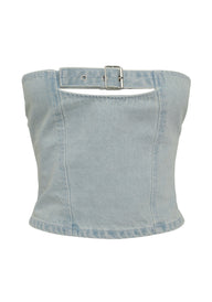 Pamme | Ebony Straplez Denim Korse Bluz Mavi
