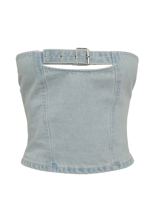 Pamme | Ebony Straplez Denim Korse Bluz Mavi