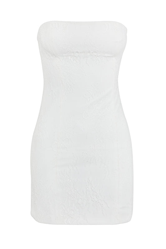 Pamme | Fleur Straplez Dantel Mini Elbise Beyaz