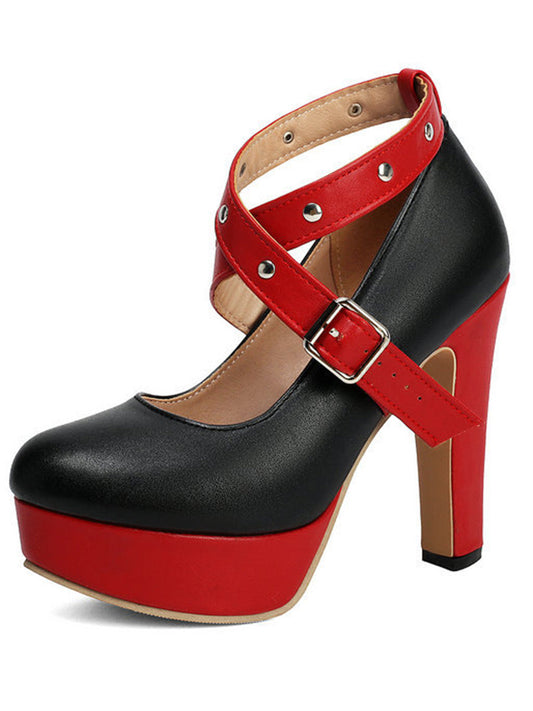 Vintage Renk Bloklu Zımbalı Mary Jane Platform Topuklu Ayakkabı