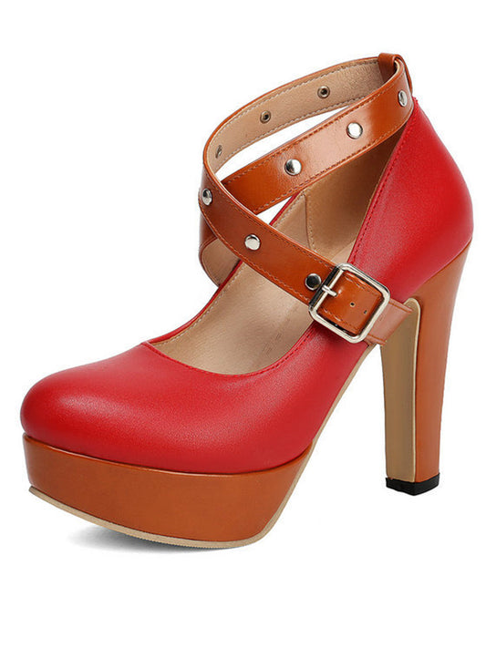 Vintage Renk Bloklu Zımbalı Mary Jane Platform Topuklu Ayakkabı